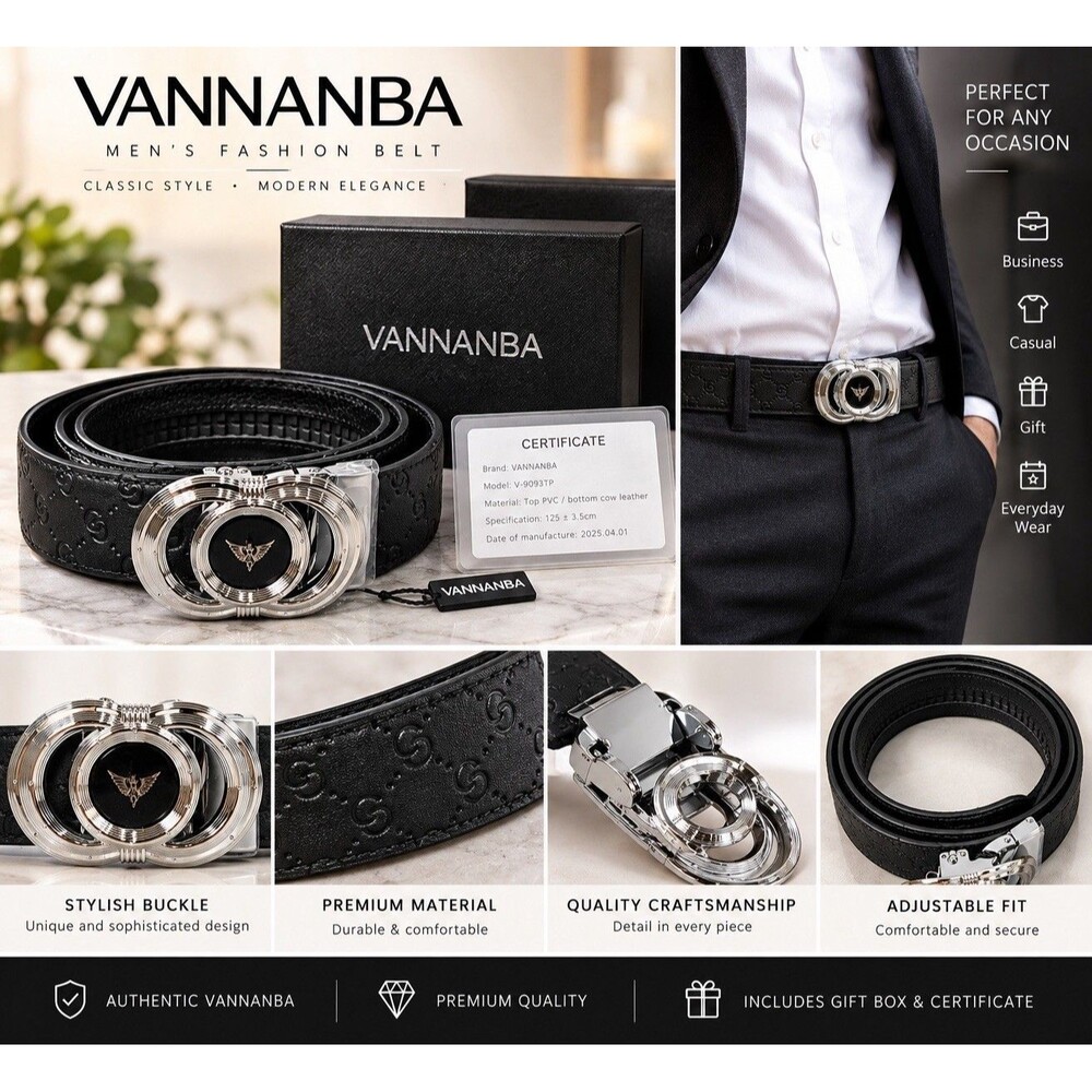 Vannanba Men’s Ratchet  Leather Belt With Automatic Buckle Alloy